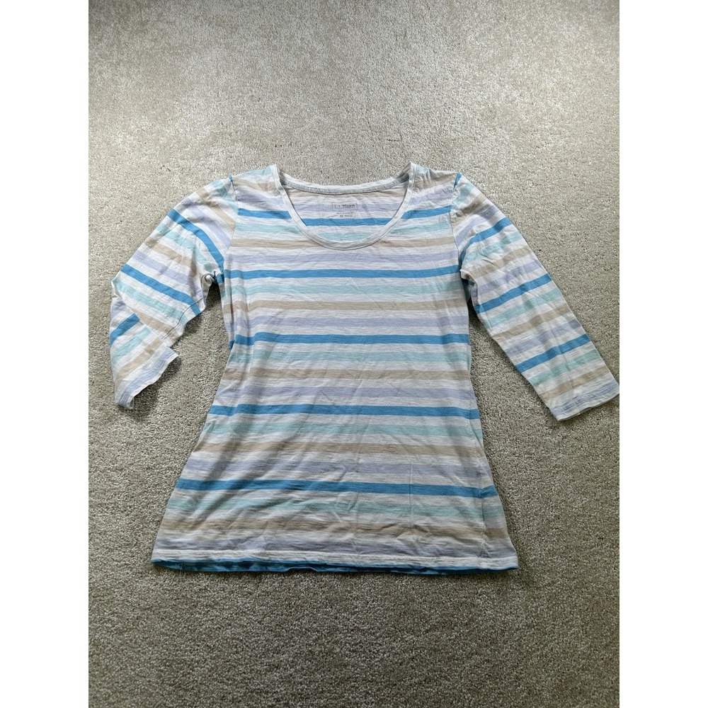 L L‎ Bean Womens M White Striped 3/4 Sleeve V Neck T Shirt Coastal